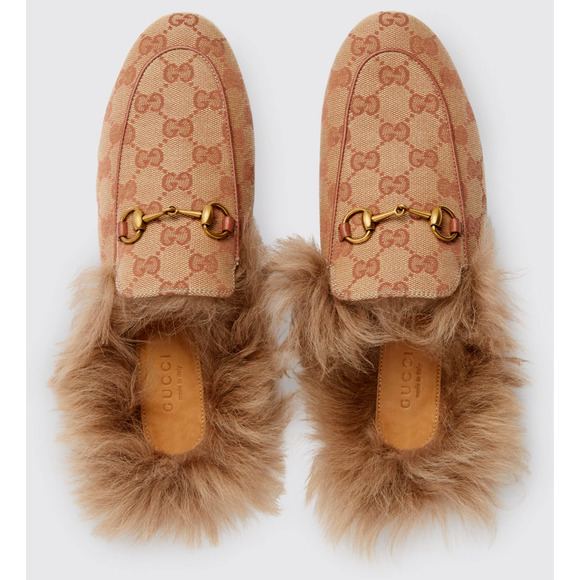 Gucci Princetown Beige Canvas Original GG Fur Loafer Slide Mule Slipper Flat 35 - Picture 3 of 12